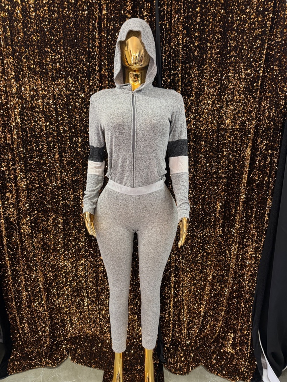 Victoria's Secret Gray Hooded Zip Jumpsuit with Black & White Sleeve Stripes